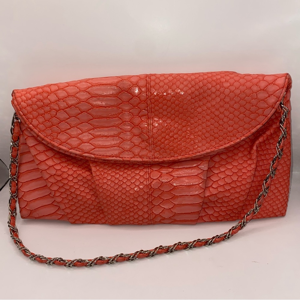 Kate Landry Vibrant Coral‎ Textured Clutch with Chain
